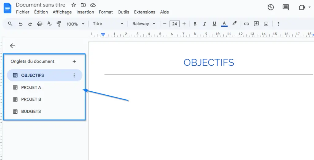 créer des onglets dans google docs